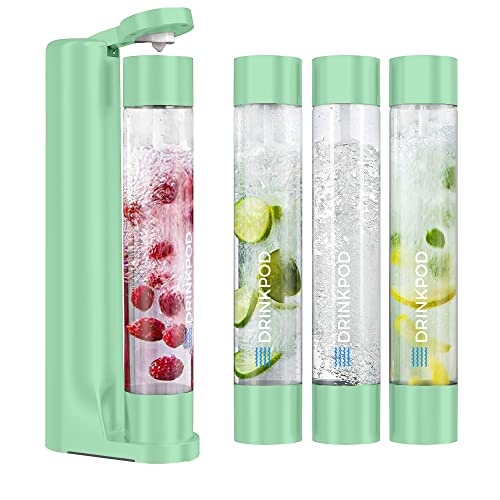 Fizzpod Soda Maker Home Soda Carbonation,Fizzy Bubbly Drink Machine with 3 PET Bottles, 3 Caps, 1 Carbonator Cap and Manual, Coffee, Tea and Cocktail Drinks with Fruit (Ash Green)