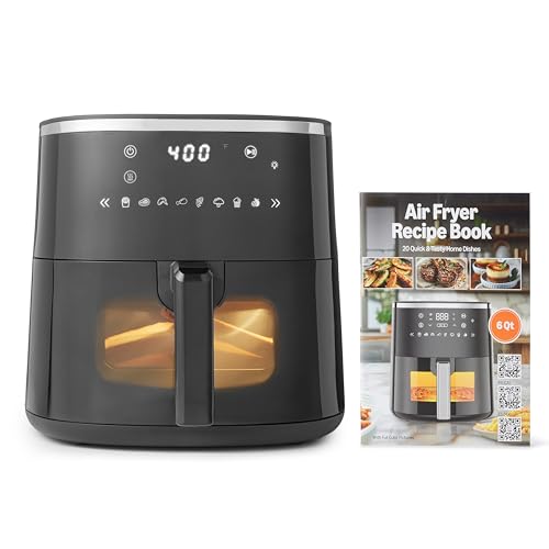 Amazon Basics 6-Quart Digital Air Fryer with Easy View Window, 8 Preset Menus, Digital Touch Panel, Ceramic Nonstick Coating, 140°F-400°F Temperature Range, 1550W, Black