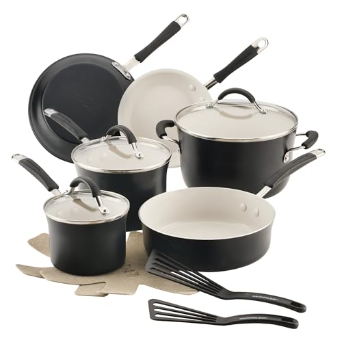 Rachael Ray Cucina Ceramic Cookware Set - 13 Pieces - Ceramic Pots and Pans Set w/Nonstick Frying Pans, Saute Pan, Saucepans, Stockpot, Lids, Pan Protectors & Cooking Utensils - Peppercorn