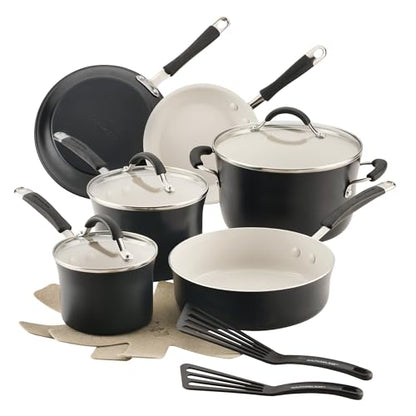 Rachael Ray Cucina Ceramic Cookware Set - 13 Pieces - Ceramic Pots and Pans Set w/Nonstick Frying Pans, Saute Pan, Saucepans, Stockpot, Lids, Pan Protectors & Cooking Utensils - Peppercorn