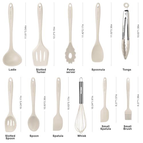 Kitchen Utensil Set - 11 Cooking Utensils - Colorful Silicone Kitchen Utensils - Nonstick Cookware with Spatula Set - Colored Best Kitchen Tools Kitchen Gadgets (Khaki)