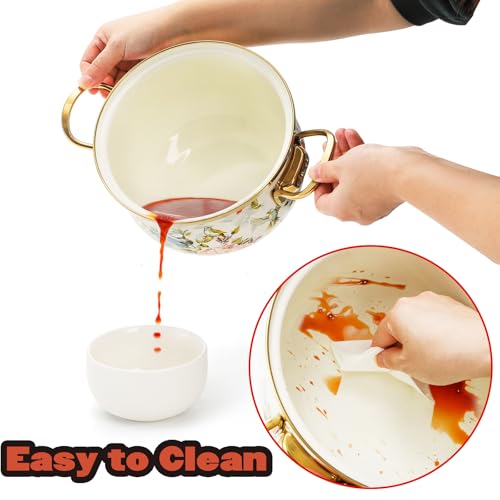 SOUJOY 2.8 Quart Enamel Stockpot with Glass Lid, Vintage Floral Soup Pot, Non-Stick Bean Stew Simmer Pot with Handle for Kitchen, Induction & Gas Stove Safe, Mother's Day, Wedding, Christmas Gift