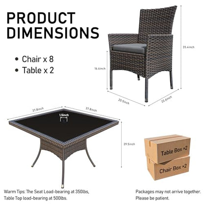 Trumbeak 10 Piece Outdoor Dining Set,Rattan Patio Conversation Set of 8 Chairs,Patio Dining Table and Chairs w/Cushions,Square Glass Tabletop,Umbrella Cutout for Patio,Grey