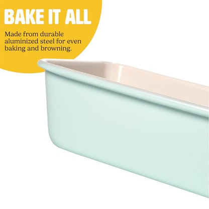 Tasty Clean Ceramic Loaf Pan Set, 2-Pack of 9-Inch x 5-Inch Cake Pans, Durable Aluminized Steel for Professional Results, Clean Ceramic Nonstick Coating, Oven Safe to 425°F, Dishwasher Safe, Aqua