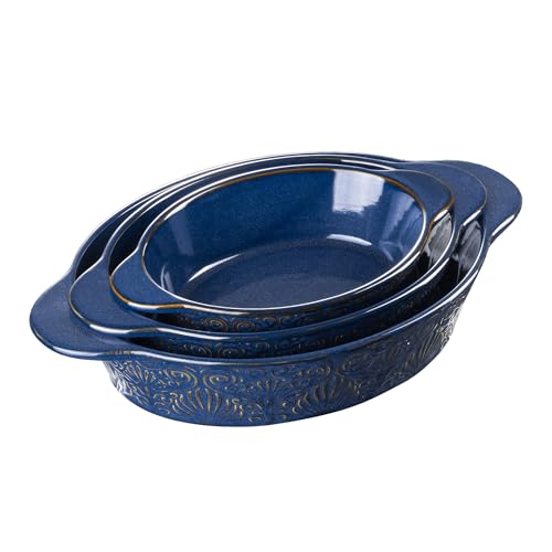 Dafuceramic Casserole Dishes for Oven Sets of 3, Ceramic Oval Baking Dish, Au Gratin Baking Pans with Handles for Roasting, Lasagna, Pie, Baking Meat & Vegetables, Blue