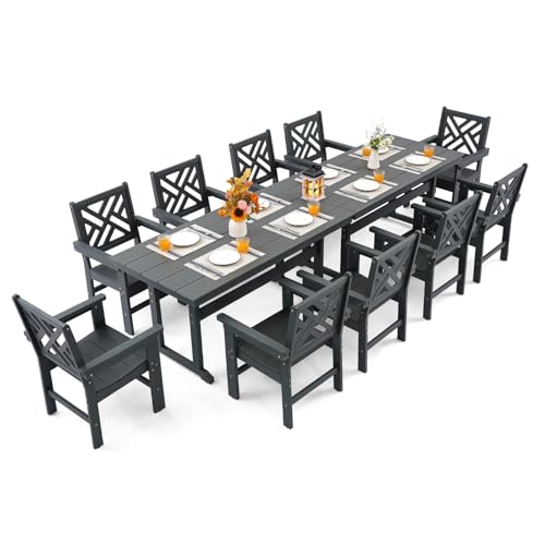 AXMOLM 12 Piece HDPE Outdoor Dining Set for 10, Patio Dining Furniture Set with 2 Table and Umbrella Hole, Outdoor Table and Chairs for Garden, Poolside, Backyard, Deck