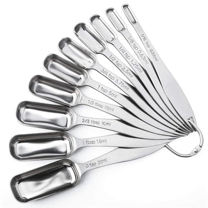 FANGSUN Narrow Measuring Spoons Set of 10, Heavy-Duty Stainless Steel Measuring Spoons with Long Handles & Engraved Measurements, Fits in Spice Jars, for Baking & Cooking