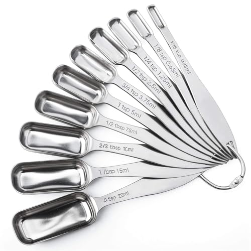 FANGSUN Narrow Measuring Spoons Set of 10, Heavy-Duty Stainless Steel Measuring Spoons with Long Handles & Engraved Measurements, Fits in Spice Jars, for Baking & Cooking