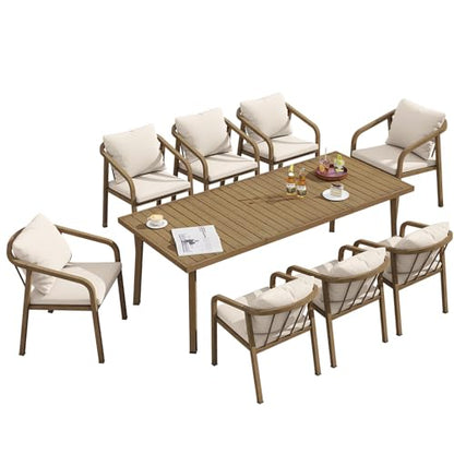SEEHILL 9 Pieces Never-Rust Aluminium Outdoor Dining Set, Patio Table and Chairs for 8, Patio Dining Set with Rectangle Table, Outdoor Dining Chairs with Removable Cushions for Deck, Backyard, Teak