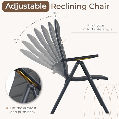BUPPLEE 7-Piece Outdoor Dining Set - 6 Padded Aluminium Folding Chairs & Adjustable Steel Table, Low-Maintenance Garden Furniture for Backyard, Balcony, Poolside, Includes 1.57"-1.97" Umbrella Hole