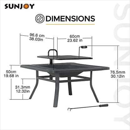 Sunjoy 38 in. Fire Pit for Outside, Square Wood Burning Firepit Large Steel Fire Pits with Adjustable Cooking Swivel BBQ Grill and Fire Poker Black