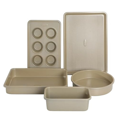 Oster Verlice 5 Piece Carbon Steel Baking Pans Bakeware Set W/Premium PFA Free Nonstick - Champagne Gold