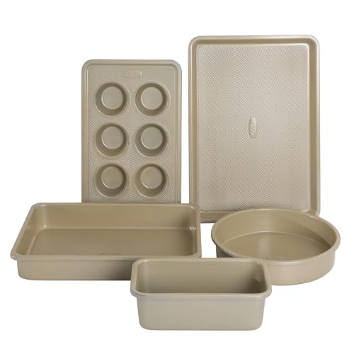 Oster Verlice 5 Piece Carbon Steel Baking Pans Bakeware Set W/Premium PFA Free Nonstick - Champagne Gold