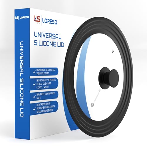 LSR Loreso Universal Pan Lid for Pots Pans and Skillets 12-15 Inch - Tempered Glass Pot Lid with Auto-Sizing Silicone Rim - Black