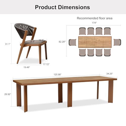 PURPLE LEAF 11-Piece Patio Dining Set Outdoor Furniture Rectangular Table and Chairs Set with Aluminum Frame and Teak-Finish for Garden Deck Backyard Kitchen Deep Teak Outdoor Set