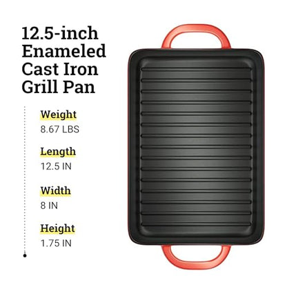 Lodge 12.5 x 8 Inch Enamel Cast Iron Grill Pan - Dual Assist Handles - Use in the Oven, on the Stove, on the Grill, or Over a Campfire - Red
