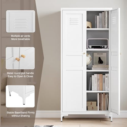 Yizosh Metal Storage Cabinet with 2 Doors and 4 Adjustable Shelves - 61" White Kitchen Pantry Storage 5-Tier Tall Steel Cabinets Locker for Kitchen, Living Room, Dining Room