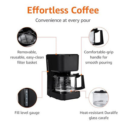 Amazon Basics 5 Cup Drip Coffee Maker with Glass Coffee Pot (0.8 Qt), Auto Shut-off, Auto Pause, Removable Filter Basket, Matte Black