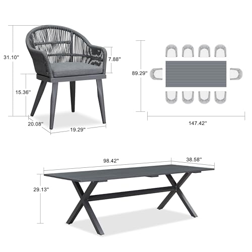 PURPLE LEAF 11 Pieces Patio Dining Set with Outdoor Aluminium Dining Table and Woven Rattan Chairs Modern Metal Furniture Cushions Sets for Garden Yard Indoor Decor Kitchen Grey