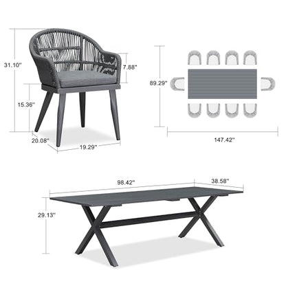 PURPLE LEAF 11 Pieces Patio Dining Set with Outdoor Aluminium Dining Table and Woven Rattan Chairs Modern Metal Furniture Cushions Sets for Garden Yard Indoor Decor Kitchen Grey