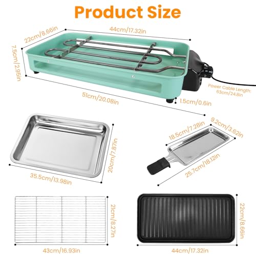 TeqHome 1500W Electric Indoor Grill,2 in 1 Smokeless Raclette Table Grill for Kitchen,Barbecue Korean BBQ Grill with Grill Net,Non-Stick Cooking Removable Plate & 5 Temperature Control，Dishwasher Safe