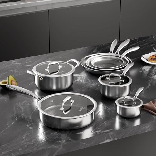 COOKER KING Stainless Steel Cookware Set, 11 Pcs Pots and Pans Set, Hybrid Ceramic Cookware,Non-Stick Frying Pans, Saucepans, Saute Pan & Stock Pot, Non-Toxic, Oven Safe, Induction Compatible