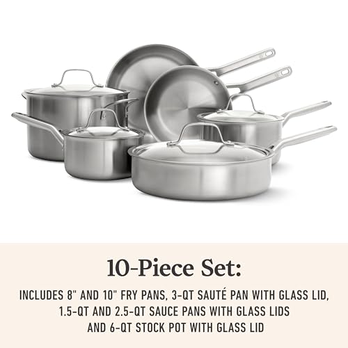 Calphalon Brushed 3-Ply Stainless Steel Cookware Set w/Turbo Heat Tech 10 Piece Includes Frying Pans, Pots and Pans Set, Induction, Oven Safe 450F, Brushed Stainless Silver