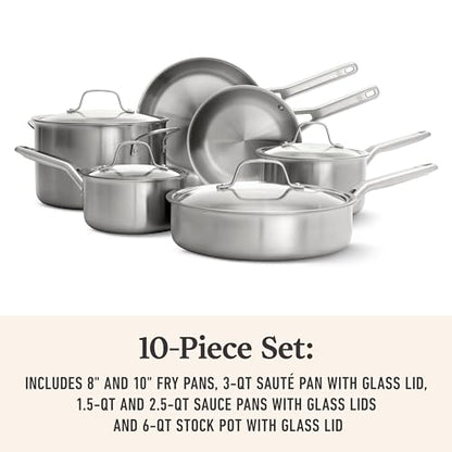 Calphalon Brushed 3-Ply Stainless Steel Cookware Set w/Turbo Heat Tech 10 Piece Includes Frying Pans, Pots and Pans Set, Induction, Oven Safe 450F, Brushed Stainless Silver