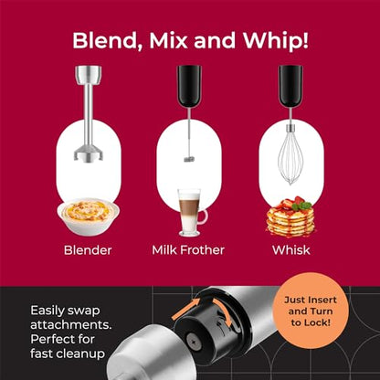 MuellerLiving Ultra-Stick Immersion Hand Blender, 500W Heavy Duty Motor, 8-Speed Turbo Setting, Includes Blending Shaft, Whisk, Milk Frother & Measuring Beaker