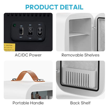 DUMOS Mini Fridge for Bedroom, 4L Compact Personal Fridge Cooler For Skincare, Drinks, And Snacks, Fits 6 Cans, Mini Refrigerator with 110V Ac/12V Dc, Ideal For Car, Dorm, White