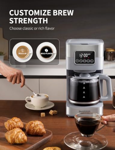 SHARDOR 10-Cup Programmable Coffee Maker, Regular & Strong Brew Drip Coffee Machine for Home and Office, Auto Shut Off, Permanent Filter (gray)