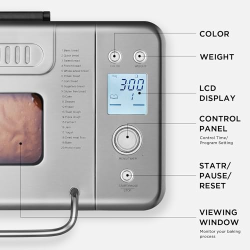Neretva Bread Maker, 20-IN-1 2LB Bread Machine Dual Heater Bread Maker Machine Automatic with Nonstick Ceramic Pan, 15H Timer & 1H Keep Warm Set, Low Noise, Stainless Steel Breadmaker Recipe-Silver