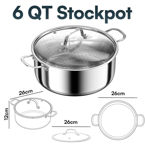 6 QT Stainless Steel Stock Pot with Lid, 10-inch Sauce Pan Induction Cookware, PFOA Free 5-Ply Simmer Pot with Non Stick Coating, Dual Ear Handles Cooking Pot Oven & Dishwasher Safe Easy to Clean