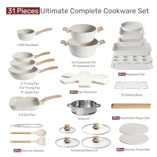 Kikcoin Pots and Pans Set Non Stick 31 Piece Kitchen Nonstick Cooking Cookware Sets with Grill Pan Saucepan Baking Sheet Utensil, Cream White