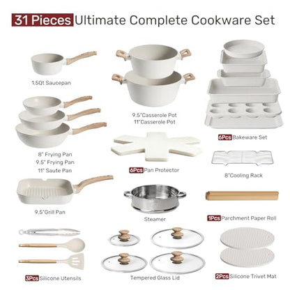 Kikcoin Pots and Pans Set Non Stick 31 Piece Kitchen Nonstick Cooking Cookware Sets with Grill Pan Saucepan Baking Sheet Utensil, Cream White