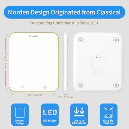 Homebuds 33lb Digital Food Scale Grams and Ounces in 1g, High Precision Assured by Kitchen Scale Professional Factory Since 2001, Gram Scale for Cooking and Baking, LED, 3*AAA, White by Golden Line