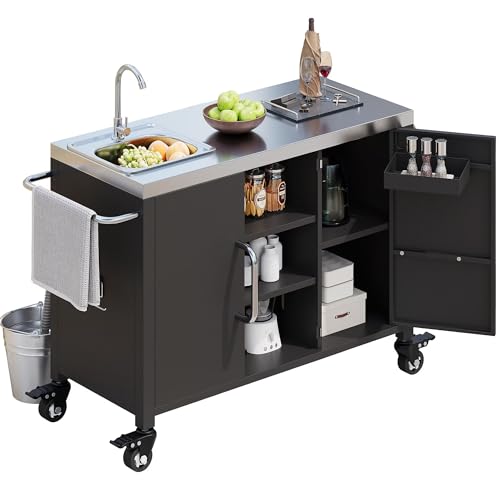 JIJIWANG 55.5" Black Kitchen Island with Sink, Metal Grill Cart Table with 304 Stainless Steel Sink, Outdoor Patio Bar Cart Sink Station with 4 Lockable Wheels for Pizza Prep L 55.5" x W 20" H 36.7"