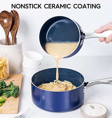MICHELANGELO 3 Quart Saucepan with Lid, Nonstick Ceramic Sauce Pan with Stainless Steel Handle, 3 Qt Saucepan with Lid Induction Compatible, Oven Safe, Blue