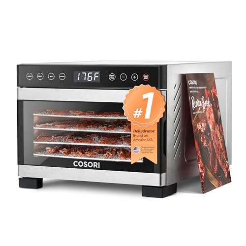 Cosori Food Dehydrator for Jerky, 176°F Temperature Control, 5 Stainless Steel Trays with 3.1 ft² Drying Space, 4 Presets, 48H Timer, for Dog Treats, Meat, Fruit, Veggies, Snacks, Bright-Silver