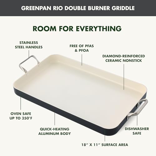 GreenPan 18" x 11" Double Burner Griddle Pan, Hard Anodized Healthy Ceramic Nonstick PFAS-Free, Stainless Steel Handles, Stovetop Cooking, Dishwasher Safe, Oven & Broiler Safe Cookware, Black