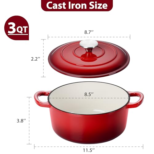 LIANYU 3QT Enameled Cast Iron Dutch Oven, Heavy Duty Round Pot with Lid, Nonstick Interior, Oven Safe to 500°F, Even Heat Distribution, Sourdough Bread Baking & Braising, Stews, Red