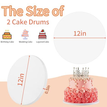 Cake Drums 12 Inch - Sturdy 1/2 Inch Cake Drum, Cake Boards 12 inch Round,Corrugated Cake Base Cake Boards for Multi-Layer Cakes, White, 2 Pcs
