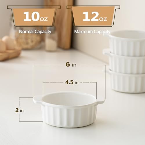 12 oz Ramekins Oven Safe, French Onion Soup Bowls with Handles, Ceramic Small Baking Dishes for Crème Brûlée, Soufflé, Pot Pie & Mini Casserole, Set of 4