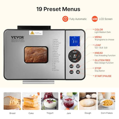 VEVOR Bread Maker, 19-in-1 2LB Dough Machine, Nonstick Ceramic Pan Automatic Breadmaker with Gluten Free Setting, Whole Wheat Bread Making, Digital, Programmable, 3 Loaf Sizes, 3 Crust Colors