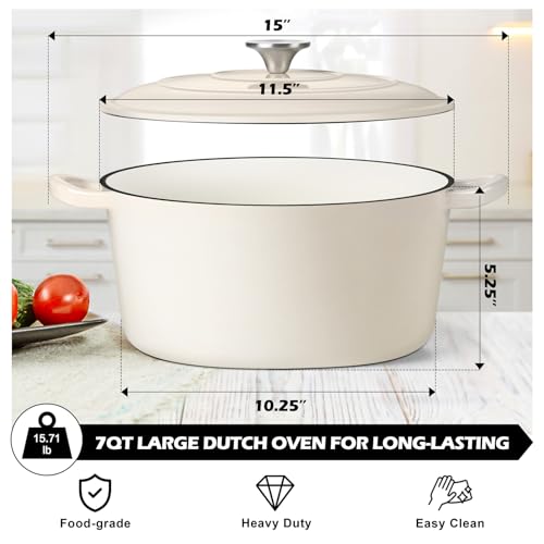 TeamFar Enameled Cast Iron Dutch Oven, 7qt Dutch Oven Pot Nonstick Cookware with Lid & Dual Handles for Bread Baking, Cooking, Oven Safe up to 500℉ & Various Stovetops, Healthy & Heavy Duty - White