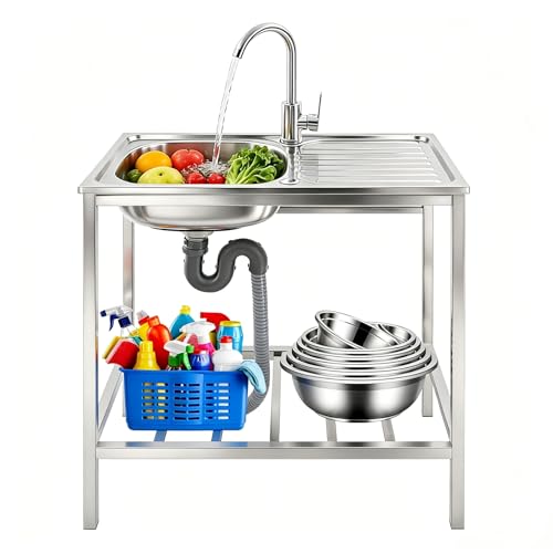 Versatile Outdoor Sink with Hose Hook Up – Heavy-Duty Stainless Steel Sink with Hose Hook Up, Large Basin, Storage Shelf & Quick Drain, Perfect for Gardens, Food Trucks, Restaurants