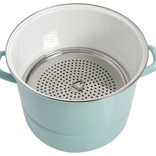 Kenmore Broadway 16-Quart Stock Pot With Steamer Insert and Lid, Glacier Blue, Large Stainless Steel Cookware for Boiling, Steaming, and Soups