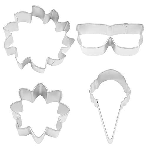 R&M Summer Time Cookie Cutters, Ice Cream Cone, Sun, Sunglasses, Ice Cream Cone Cookie Cutter Set, 4-Piece, Silver
