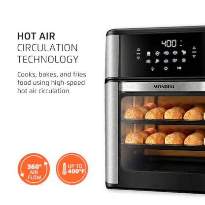 Air Fryer Oven 1800W, 12.7QT Capacity, Touchscreen Panel, Automatic Shut-Off, Toaster + Airfryer – Black & Stainless Steel – Mondial