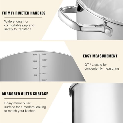 TeamFar 16QT Stock Pot, Stainless Steel Stockpot Large Induction Cooking Pot with Lid & Tri-ply Bottom, for Soup Seafood Cooking, Sauce Canning, Non Toxic & Heavy Duty, Various Stovetops Suitable